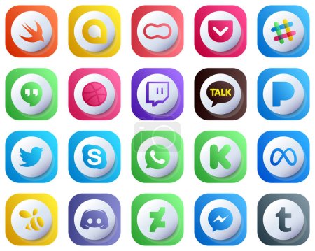 Illustration for Cute 3D Gradient Social Media Icons Pack 20 icons such as kickstarter. chat. dribbble. skype and twitter icons. Fully Editable and Customizable - Royalty Free Image