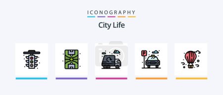 Téléchargez les illustrations : City Life Line Filled 5 Icon Pack Including truck. life. life. city. life. Creative Icons Design - en licence libre de droit