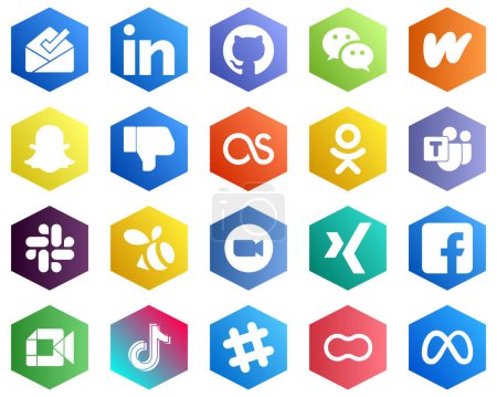 Ilustración de Hexagon Flat Color White Icon Pack como zoom. afloja. snapchat y odnoklassniki iconos. 25 iconos únicos - Imagen libre de derechos
