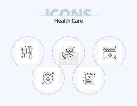 Téléchargez les illustrations : Ligne de soins de santé Icône Pack 5 Icône Design. drogue. battements de coeur. app. coeur. soins - en licence libre de droit
