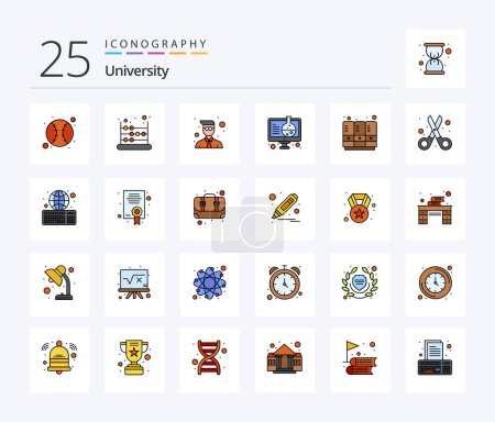 Ilustración de University 25 Line Pack de iconos llenos incluyendo casilleros deportivos. ciencia. soltero. en línea. experimento - Imagen libre de derechos