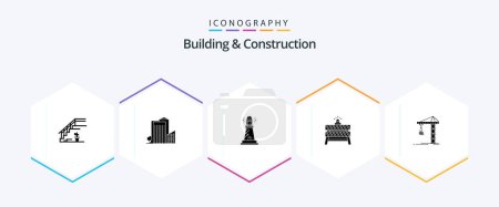 Téléchargez les illustrations : Building And Construction 25 Glyph icon pack including stop. barrier. tower. ocean. light - en licence libre de droit