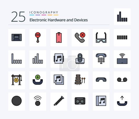 Téléchargez les illustrations : Devices 25 Line Filled icon pack including entertainment. phone. battery. mobile. call - en licence libre de droit