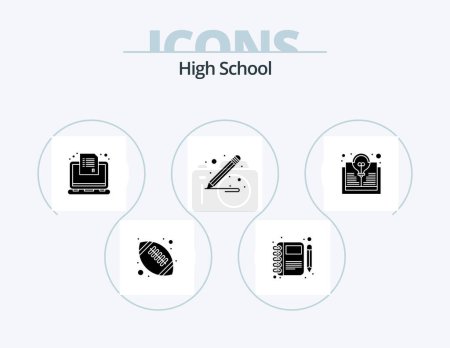 Ilustración de High School secundaria Glyph Icon Pack 5 Icon Design. Libro. material escolar. Pluma. lápiz. cuestionario - Imagen libre de derechos