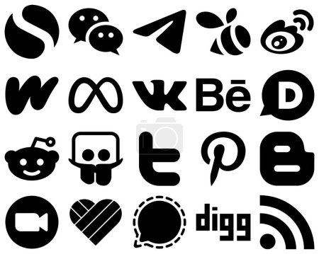 Illustration for 20 Professional Black Solid Glyph Icons such as disqus. vk. sina. facebook and literature icons. High-quality and minimalist - Royalty Free Image