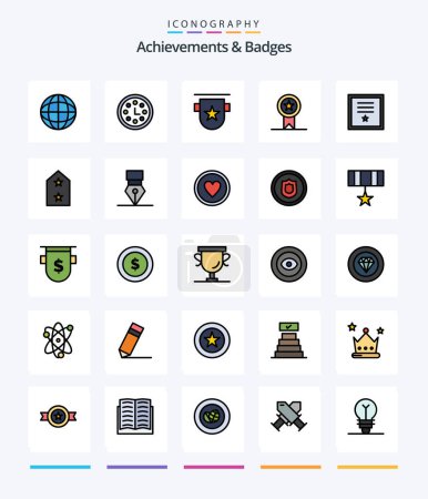 Téléchargez les illustrations : Creative Achievements & Badges 25 Line FIlled icon pack  Such As badges. ribbon. badge. insignia. stamp - en licence libre de droit