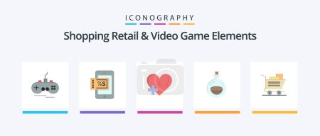 Téléchargez les illustrations : Shoping Retail And Video Game Elements Flat 5 Icon Pack Including basket. cart. love. spray. bottle. Creative Icons Design - en licence libre de droit