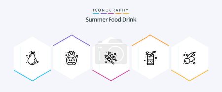 Téléchargez les illustrations : Boisson alimentaire d'été Pack icône 25 Line incluant des fruits. la nourriture. guimauve. Du jus. boisson - en licence libre de droit