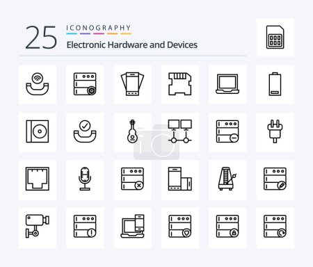 Téléchargez les illustrations : Appareils 25 Pack icône ligne y compris la batterie. les appareils. téléphone. ordinateur. mémoire - en licence libre de droit