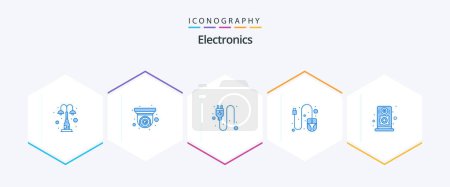Illustration for Electronics 25 Blue icon pack including speaker. audio. security camera. scroll. computer - Royalty Free Image