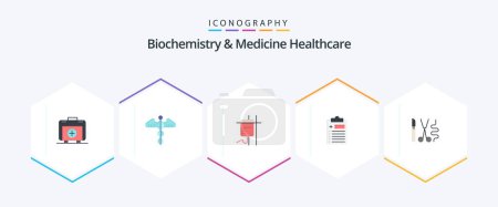 Illustration for Biochemistry And Medicine Healthcare 25 Flat icon pack including instruments. test . care. clipboard. transfusion - Royalty Free Image