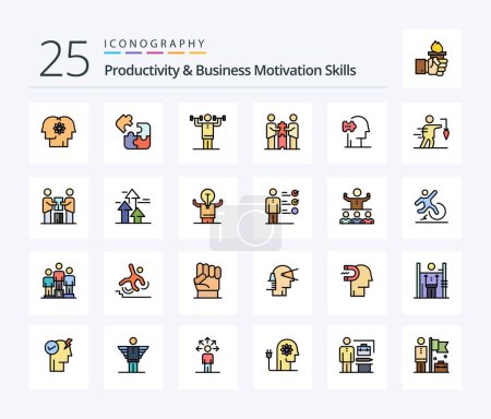Illustration for Productivity And Business Motivation Skills 25 Line Filled icon pack including cooperation. partners collaboration. puzzle. strength. human - Royalty Free Image