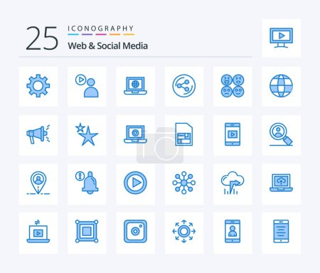 Illustration for Web And Social Media 25 Blue Color icon pack including world. happy. world. emojis. sharing - Royalty Free Image