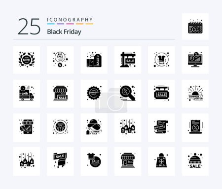 Ilustración de Black Friday 25 Solid Glyph icon pack including sign. hording. percentage. board. label - Imagen libre de derechos