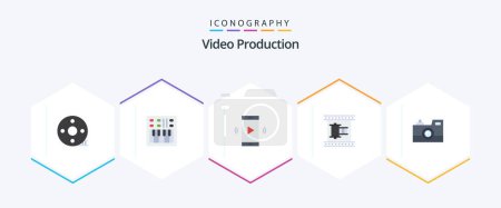 Illustration for Video Production 25 Flat icon pack including photography. antique camera. speaker. movie strip. filmstrip - Royalty Free Image