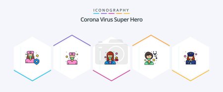Ilustración de Corona Virus Super Hero 25 FilledLine paquete de iconos, incluyendo la medicina. avatar. Médico. farmacéutico. hospital - Imagen libre de derechos