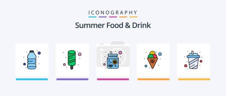 Téléchargez les illustrations : Summer Food and Drink Line Filled 5 Icon Pack Including orange juice. fruit. kiwi. drink. snack. Creative Icons Design - en licence libre de droit