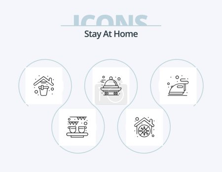 Téléchargez les illustrations : Stay At Home Line Icon Pack 5 Icon Design. photographie à domicile. photo. outils. caméra. maison - en licence libre de droit