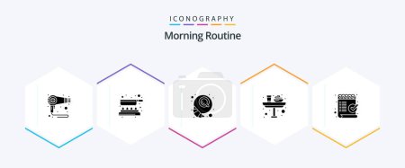 Ilustración de Rutina de la mañana 25 Paquete de iconos de glifos incluyendo cheque. Vidrio. desayuno. comida. desayuno - Imagen libre de derechos