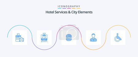 Illustration for Hotel Services And City Elements Blue 5 Icon Pack Including weelchair. hotel. burger. doorman. bellboy - Royalty Free Image