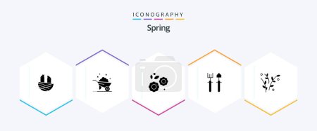 Téléchargez les illustrations : Spring 25 Glyphe icône pack comprenant la nature. Pelle. fleur. Râteau. jardin - en licence libre de droit