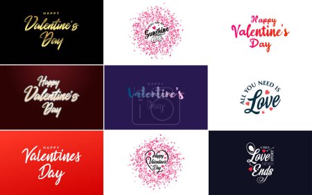 Ilustración de Happy Valentine's Day typography design with a watercolor texture and a heart-shaped wreath - Imagen libre de derechos