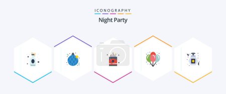 Téléchargez les illustrations : Night Party 25 Flat icon pack including night. night. chip. celebration. balloons - en licence libre de droit