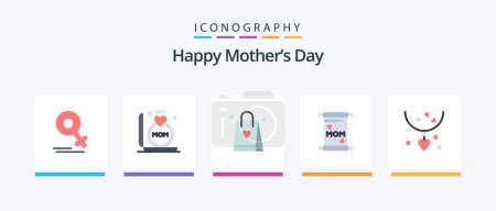 Téléchargez les illustrations : Happy Mothers Day Flat Pack de 5 icônes y compris la mère. cadeau. sac à provisions. des collets. Maman ! Icônes créatives Design - en licence libre de droit