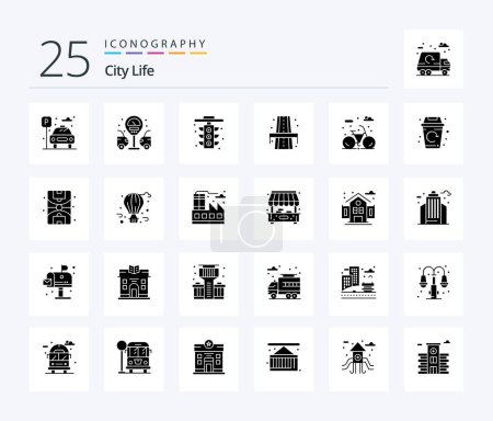 Ilustración de City Life 25 Solid Glyph icon pack including lifecycle. city. life. way. life - Imagen libre de derechos