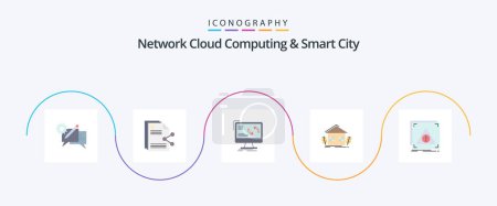 Téléchargez les illustrations : Network Cloud Computing And Smart City Flat 5 Icon Pack Including urban. share. computer. information - en licence libre de droit