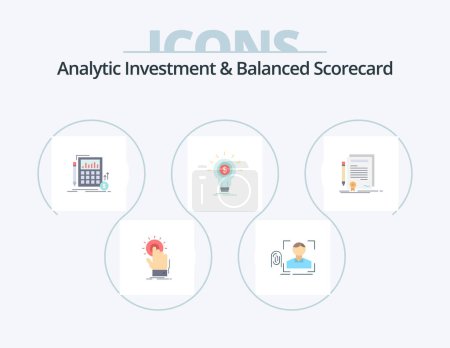 Illustration for Analytic Investment And Balanced Scorecard Flat Icon Pack 5 Icon Design. idea. finance. scan. market. financial - Royalty Free Image
