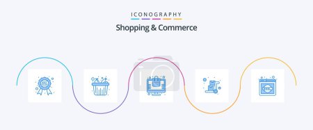 Téléchargez les illustrations : Shopping And Commerce Blue 5 Icon Pack Including pushcart. luggage cart. grocery. handcart. online - en licence libre de droit