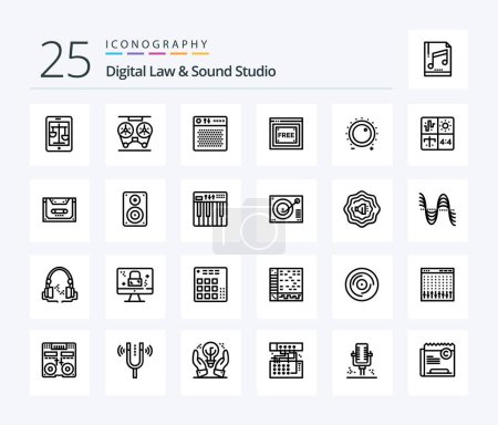 Illustration for Digital Law And Sound Studio 25 Line icon pack including tecnology. free access. recorder. portable. device - Royalty Free Image