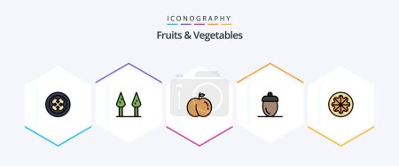 Téléchargez les illustrations : Fruits et légumes Pack icône 25 FilledLine comprenant des légumes. en bonne santé. pêche. fruits. fruits - en licence libre de droit