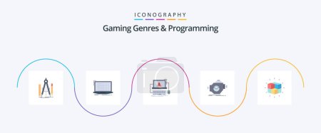 Téléchargez les illustrations : Gaming Genres And Programming Flat 5 Icon Pack Including machine. engine. developer. system. error - en licence libre de droit