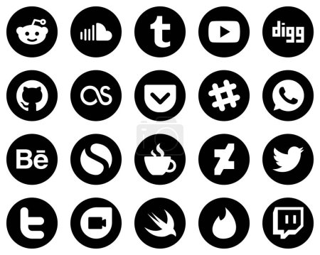 Illustration for 20 High-Quality White Social Media Icons on Black Background such as caffeine. github. simple and whatsapp icons. Customizable and unique - Royalty Free Image