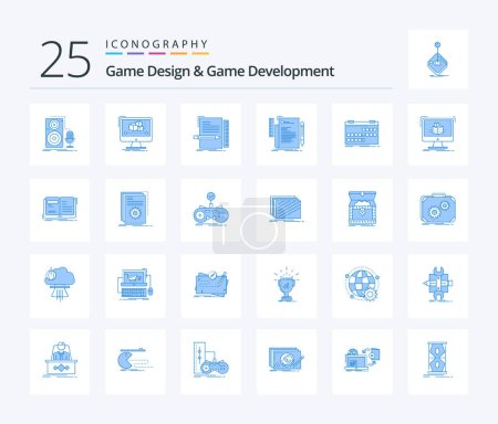 Illustration for Game Design And Game Development 25 Blue Color icon pack including event. calendar. monitor. script. file - Royalty Free Image