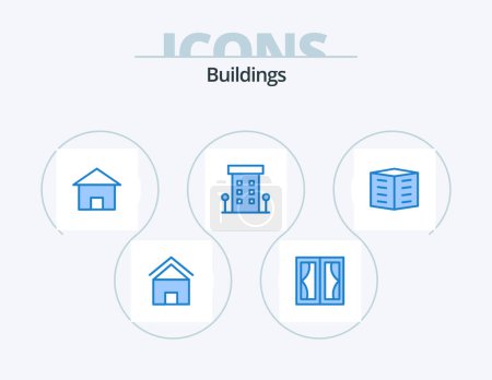 Ilustración de Edificios Blue Icon Pack 5 Icon Design. edificio de la ciudad. apartamentos. A casa. tienda. tienda frente - Imagen libre de derechos