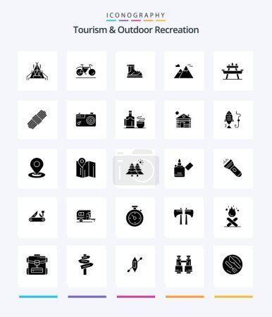 Ilustración de Creative Tourism And Outdoor Recreation 25 Glyph Solid Black icon pack  Such As food. travel. hiker. scenery. mountains - Imagen libre de derechos