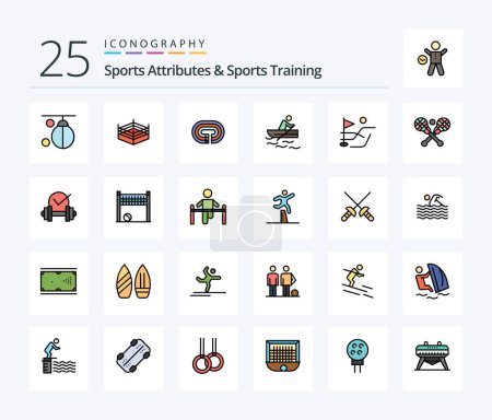 Ilustración de Atributos deportivos y entrenamiento deportivo Paquete de iconos llenos de 25 líneas, incluido el campo. Agua. corriendo. entrenamiento. barco - Imagen libre de derechos
