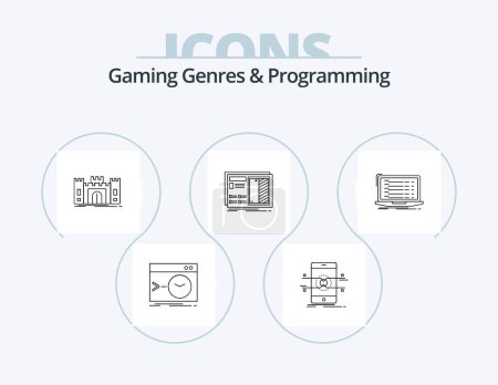 Ilustración de Gaming Genres And Programming Line Icon Pack 5 Icon Design. function. command. tactic. laptop. coding - Imagen libre de derechos
