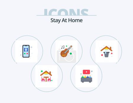 Ilustración de Stay At Home Flat Icon Pack 5 Icon Design. limpieza. música. Mira. instrumento. entrante saliente - Imagen libre de derechos