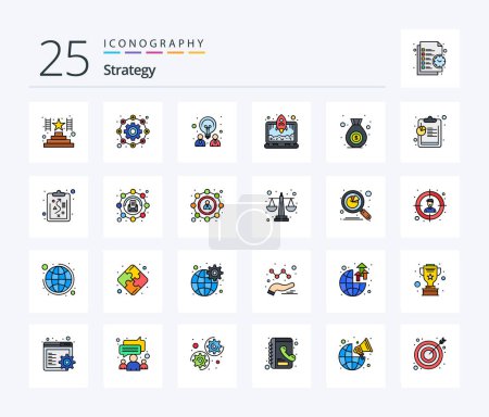 Ilustración de Strategy 25 Line Filled icon pack including analysis. finance. design. bag. rocket - Imagen libre de derechos