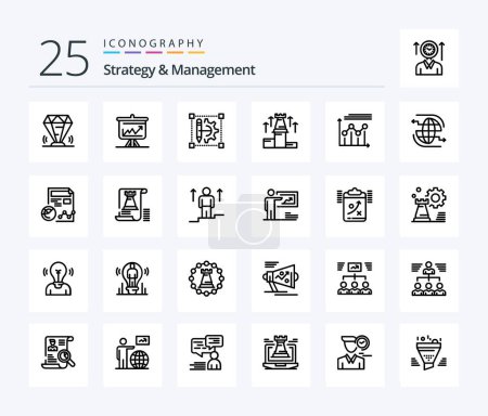 Téléchargez les illustrations : Stratégie et gestion 25 Line icône pack y compris les échecs. Debout. tableau. stratégie. imprimante à roue dentée - en licence libre de droit