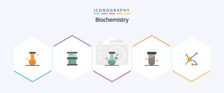 Illustration for Biochemistry 25 Flat icon pack including dna. biochemistry. lab. atom. test - Royalty Free Image