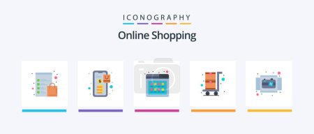 Téléchargez les illustrations : Online Shopping Flat 5 Icon Pack Including camera. shopping trolley. buy. shopping cart. product. Creative Icons Design - en licence libre de droit