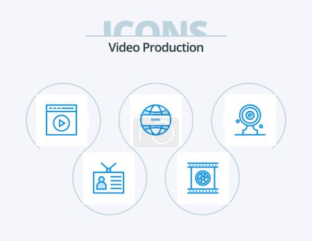 Illustration for Video Production Blue Icon Pack 5 Icon Design. international news. global communication. photographic objective. watch video. touch play - Royalty Free Image