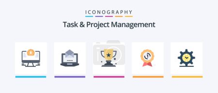 Téléchargez les illustrations : Task And Project Management Flat 5 Icon Pack Including time. gear. award. medal. award badge. Creative Icons Design - en licence libre de droit