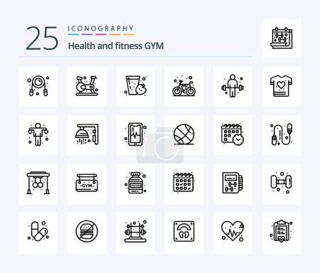 Ilustración de Gym 25 Line icon pack including exercise. gym. drink. cycle. bicycle - Imagen libre de derechos