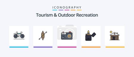 Téléchargez les illustrations : Tourism And Outdoor Recreation Line Filled 5 Icon Pack Including tent. sport. tea. walk. bicycle. Creative Icons Design - en licence libre de droit